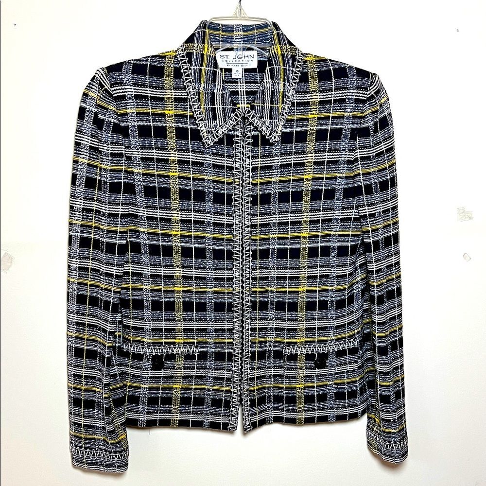 St John Collection Marie Gray Size 10 Santana Knit Plaid Blk Yellow White Jacket